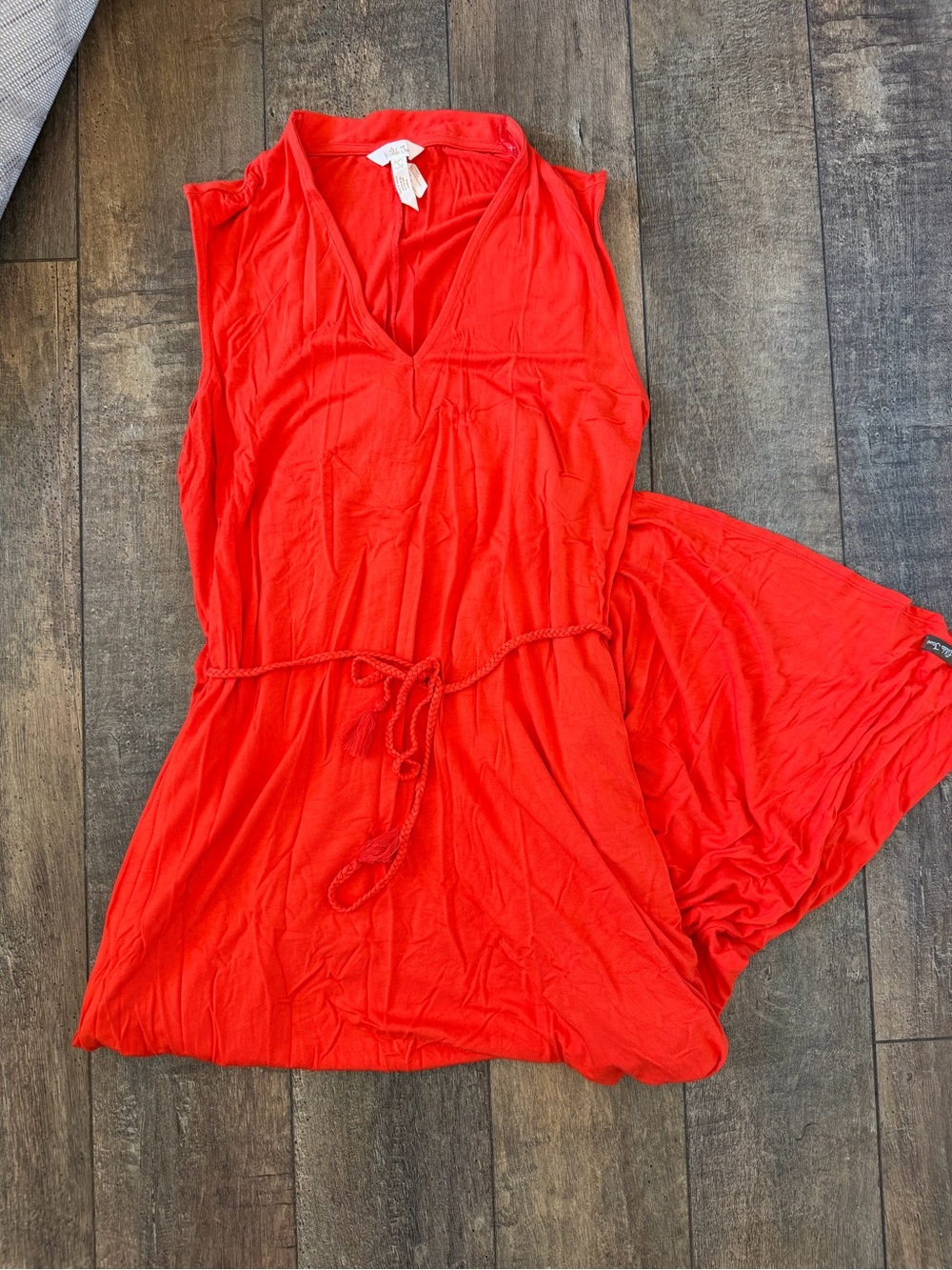 Sleeveless V-Neck Drawstring Maxi Dress in Bright Orange-Red